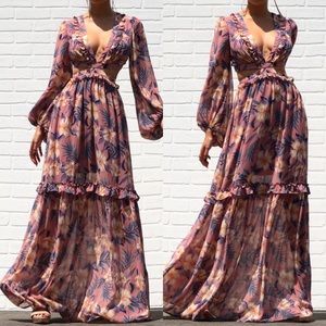 Mauve Floral Print Lace Up Back Maxi Dress